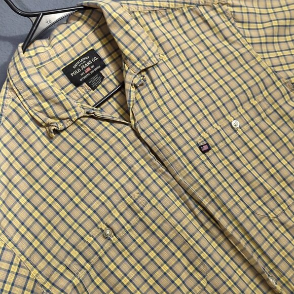 Ralph Lauren Jeans Co Vtg Shirt Men's M Yellow Plaid Loop Collar Short Sleeve - Picture 1 of 10